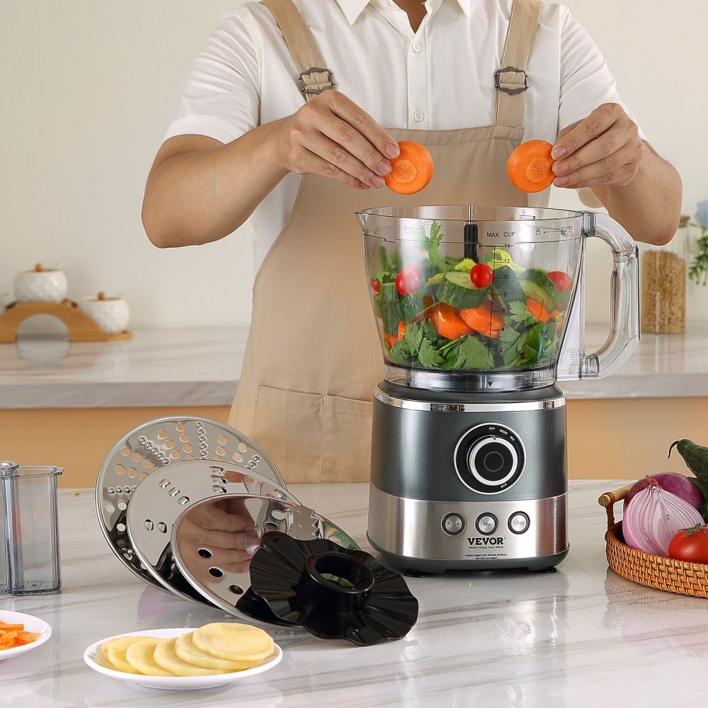VEVOR Food Processor, 14-Cup Vegetable Chopper for Chopping, Mixing, Slicing, Puree, and Kneading Dough, 650 Watt Stainless Steel Blade Professional Electric Food Chopper, Easy Assembly & Clean, Gray