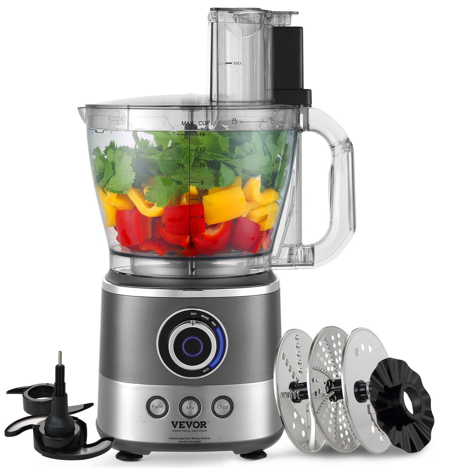 VEVOR Food Processor, 14-Cup Vegetable Chopper for Chopping, Mixing, Slicing, Puree, and Kneading Dough, 650 Watt Stainless Steel Blade Professional Electric Food Chopper, Easy Assembly & Clean, Gray