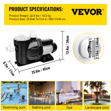 VEVOR Swimming Pool Filter Pump 2.5HP, Inground Swimming Pool Pump 1850W, Swimming Pool Pump 148GPM, Single Speed Filter for Spa Water Circulation Above Ground Apply Swimming Pool, Bathtub