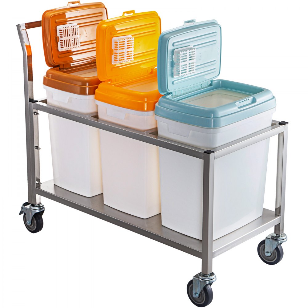VEVOR Triple Ingredient Bin Cart Ingredient Storage Rice Bin 3 x 33L W/ Wheels