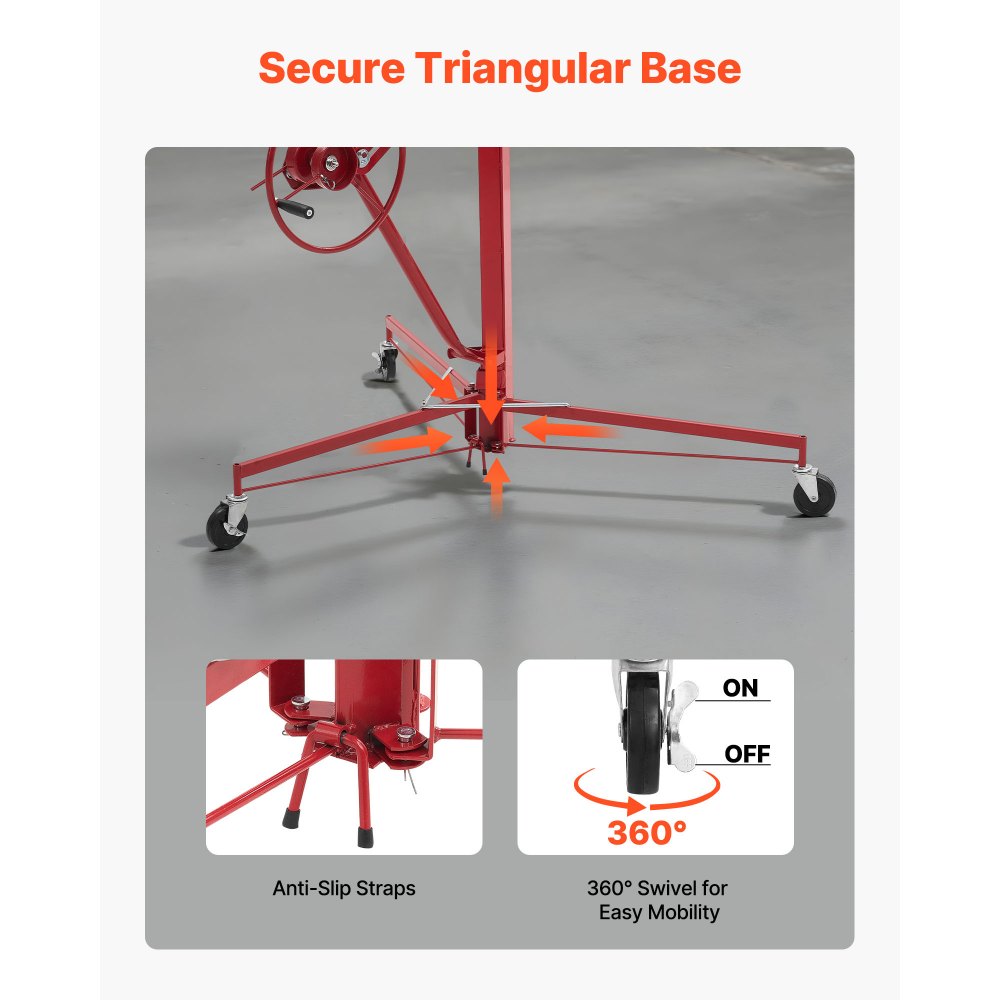 VEVOR 3353mm Drywall Lift, Heavy-Duty 68 kg Sheetrock Hoist with Adjustable Telescoping Arm, Lockable Wheels, Drywall Lifter Panel Jack Hoist Tools Ideal for Ceiling & Wall Installation (Red)