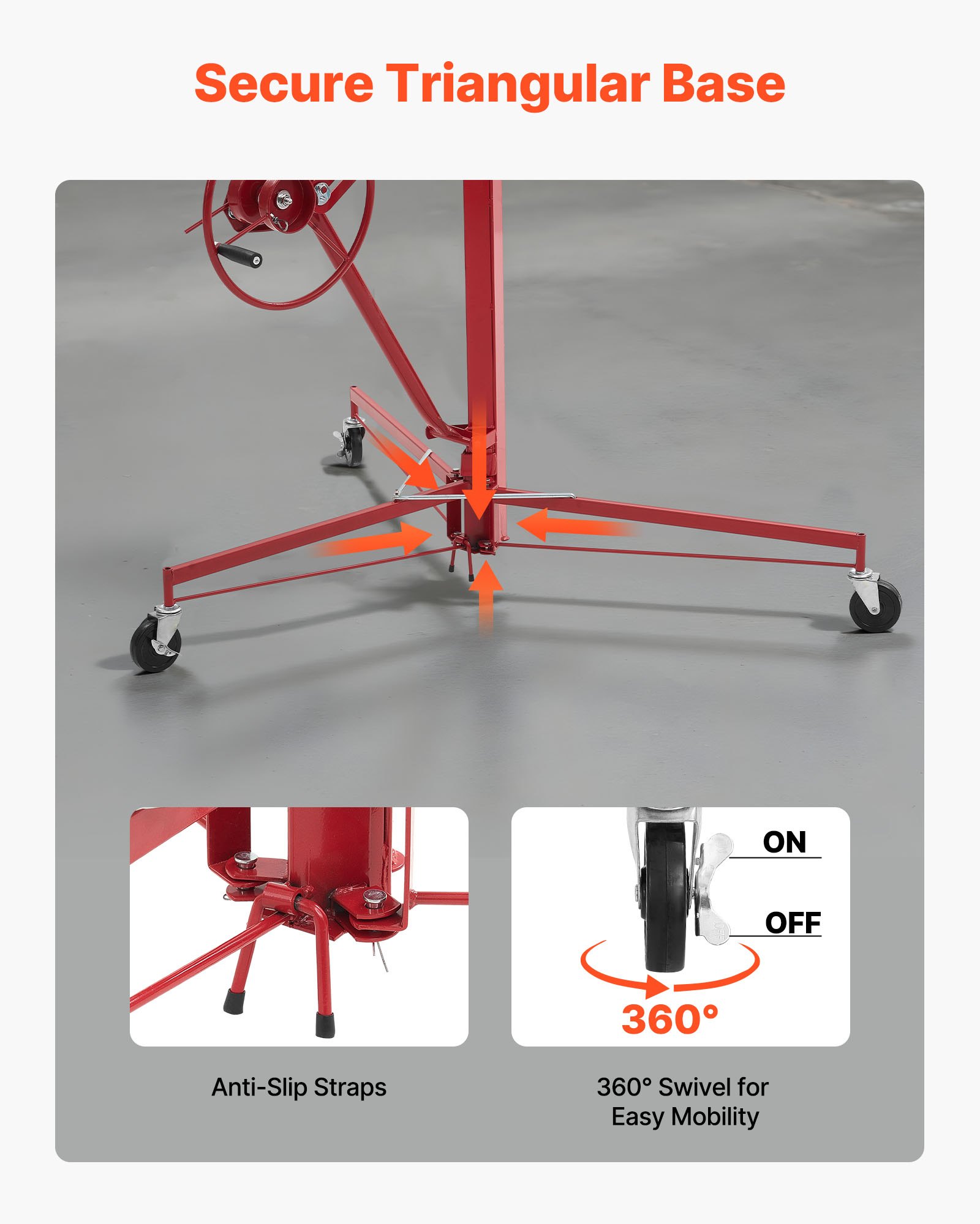 VEVOR 3353mm Drywall Lift, Heavy-Duty 68 kg Sheetrock Hoist with Adjustable Telescoping Arm, Lockable Wheels, Drywall Lifter Panel Jack Hoist Tools Ideal for Ceiling & Wall Installation (Red)