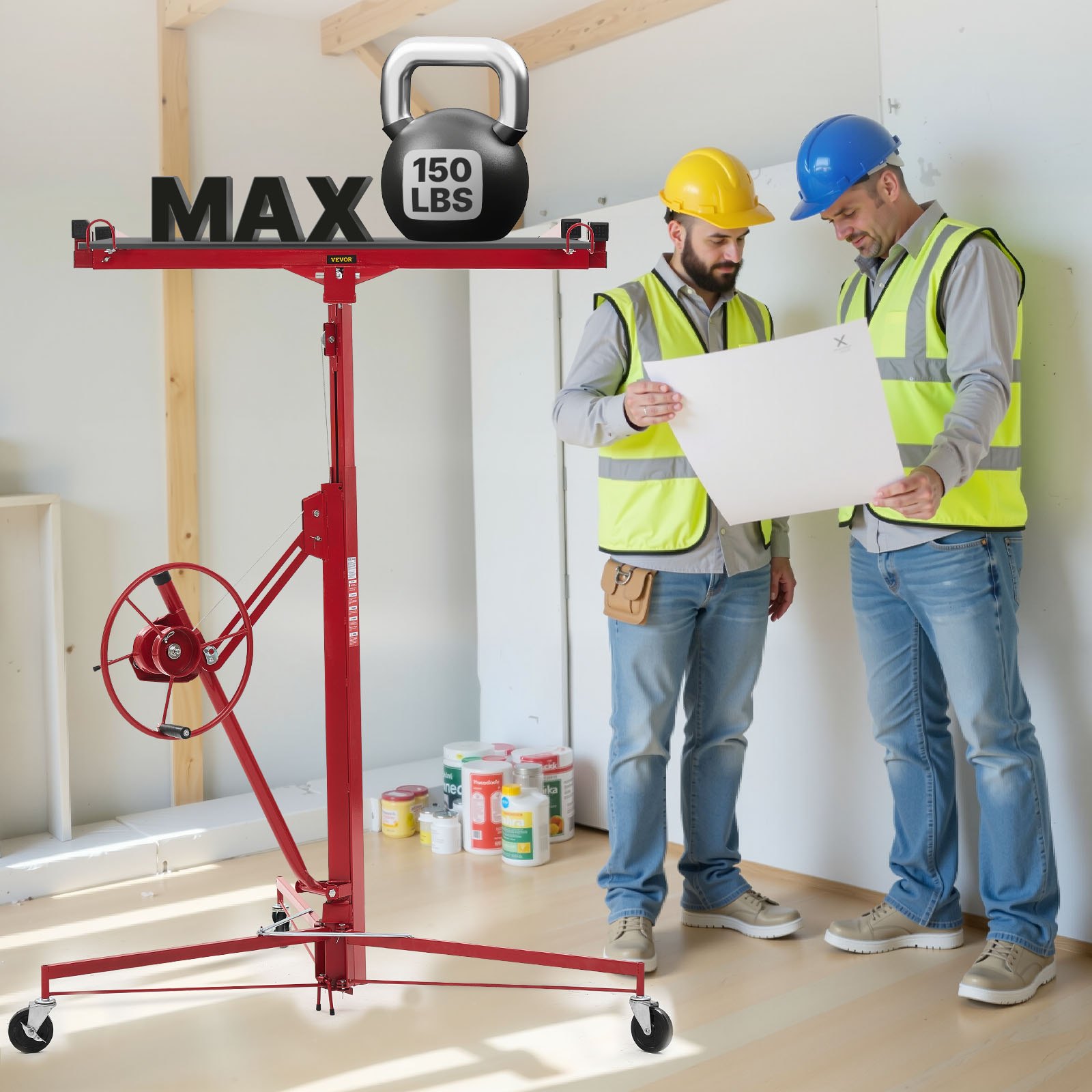 VEVOR 3353mm Drywall Lift, Heavy-Duty 68 kg Sheetrock Hoist with Adjustable Telescoping Arm, Lockable Wheels, Drywall Lifter Panel Jack Hoist Tools Ideal for Ceiling & Wall Installation (Red)