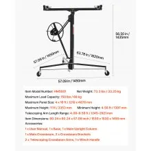 11ft Drywall Lift 150 lbs Sheetrock Hoist Adjustable Arm Lockable Wheels Black