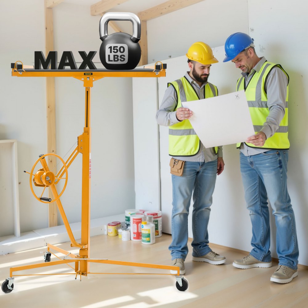 VEVOR 3353mm Drywall Lift, Heavy-Duty 68 kg Sheetrock Hoist with Adjustable Telescoping Arm, Lockable Wheels, Drywall Lifter Panel Jack Hoist Tools Ideal for Ceiling & Wall Installation (Yellow)