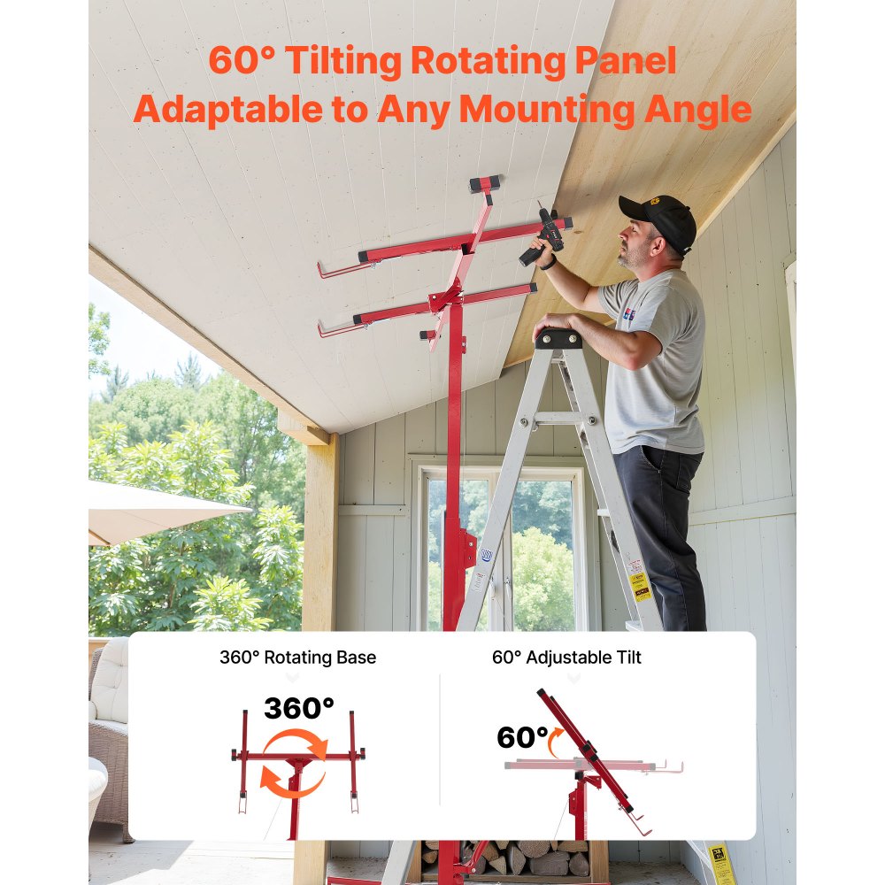 VEVOR 4877 mm Drywall Lift, Heavy-Duty 68 kg Sheetrock Hoist with Adjustable Telescoping Arm, Lockable Wheels, Drywall Lifter Panel Jack Hoist Tools Ideal for Ceiling & Wall Installation (Red)