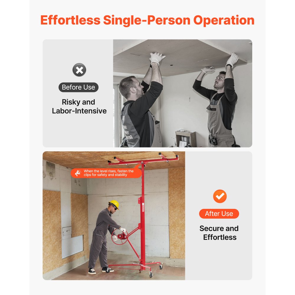VEVOR 4877 mm Drywall Lift, Heavy-Duty 68 kg Sheetrock Hoist with Adjustable Telescoping Arm, Lockable Wheels, Drywall Lifter Panel Jack Hoist Tools Ideal for Ceiling & Wall Installation (Red)