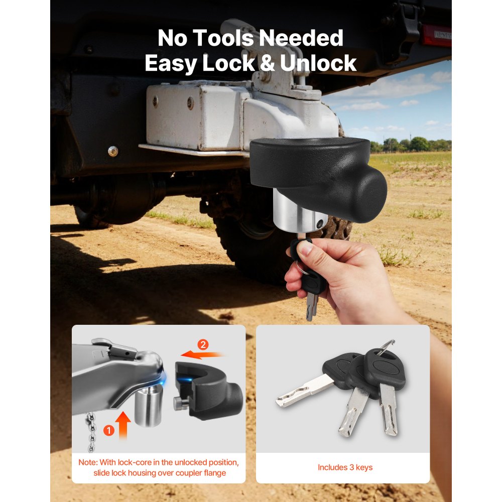 VEVOR Trailer Hitch Lock, Compatible with 58.7 mm Couplers, Heavy-Duty Anti-Theft Trailer Ball Lock with 3 Keys, Prying-Resistant & Impact-Resistant, Fits for RVs, Boats, Off-Road Vehicles, Trailers