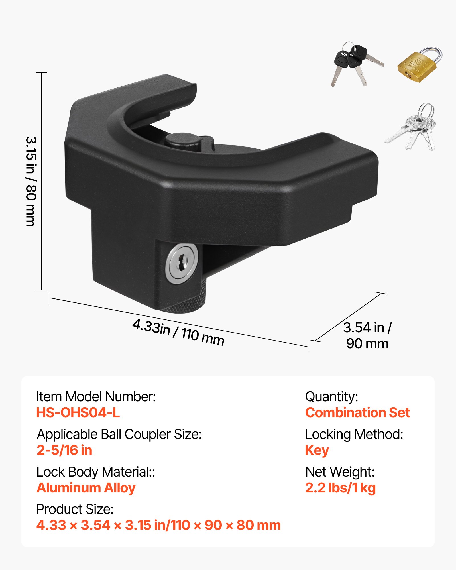 VEVOR Trailer Hitch Lock Kit, Compatible with 58.7 mm Couplers, Heavy-Duty Anti-Theft Trailer Ball Lock with 3 Keys & Padlock, Prying-Resistant & Impact-Resistant, Fits for RVs, Boats, Trailers