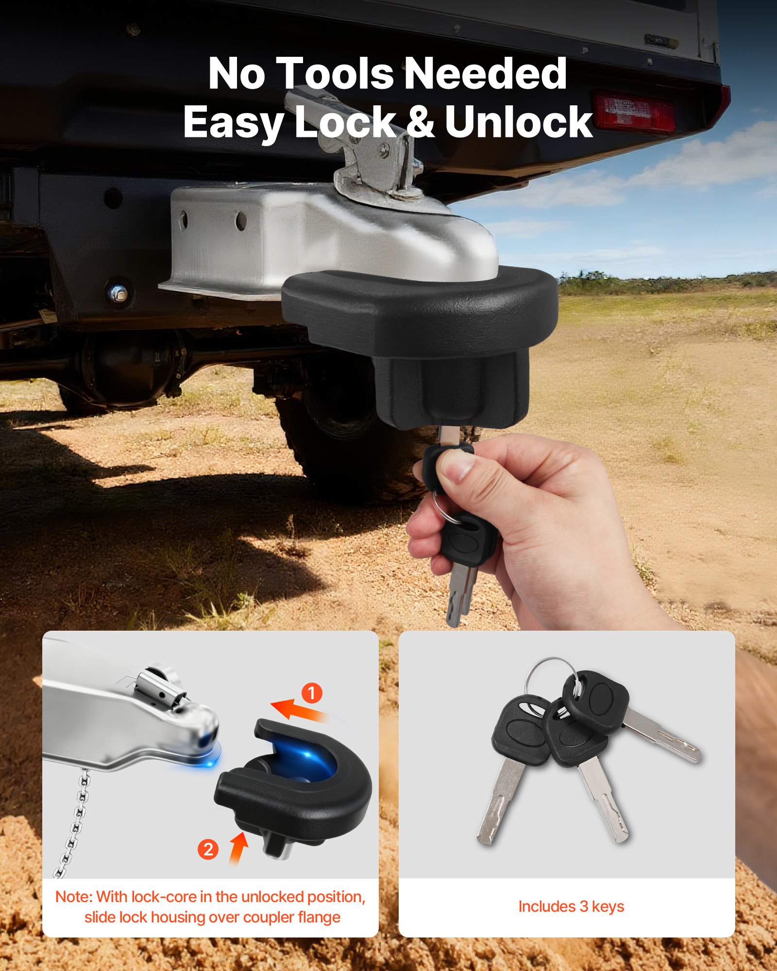 VEVOR Trailer Hitch Lock, Compatible with 2 Inch Couplers, Heavy-Duty Anti-Theft Trailer Ball Lock with 3 Keys, Prying-Resistant & Impact-Resistant, Fits for RVs, Boats, Off-Road Vehicles, Trailers