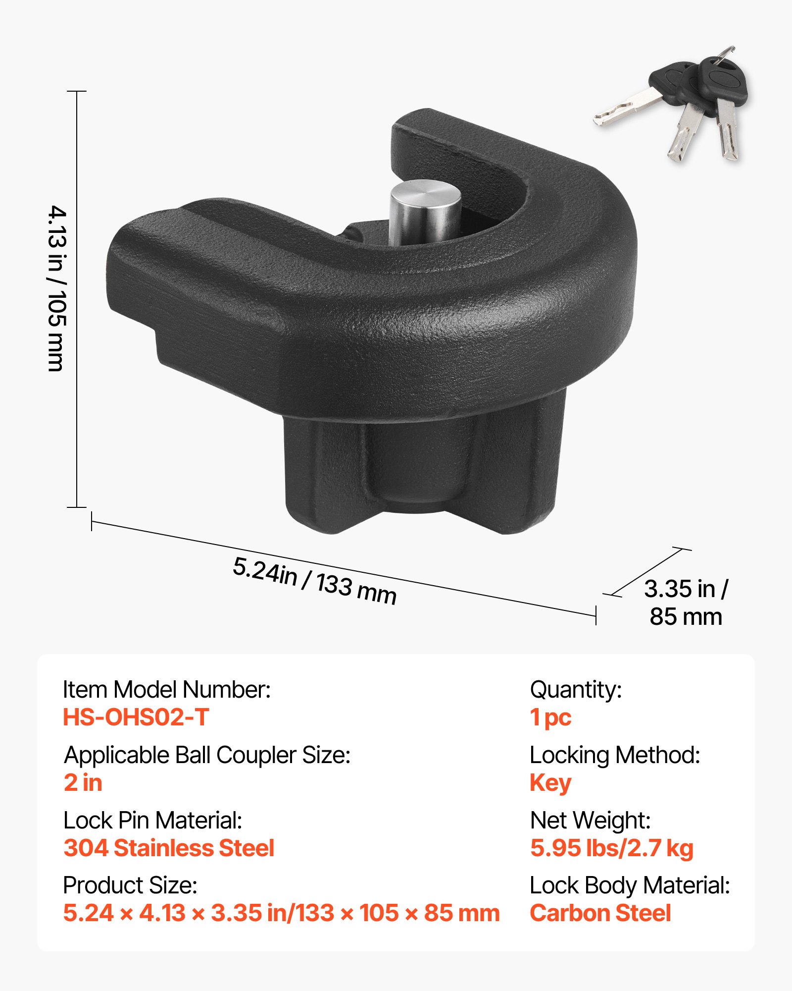 VEVOR Trailer Hitch Lock, Compatible with 2 Inch Couplers, Heavy-Duty Anti-Theft Trailer Ball Lock with 3 Keys, Prying-Resistant & Impact-Resistant, Fits for RVs, Boats, Off-Road Vehicles, Trailers