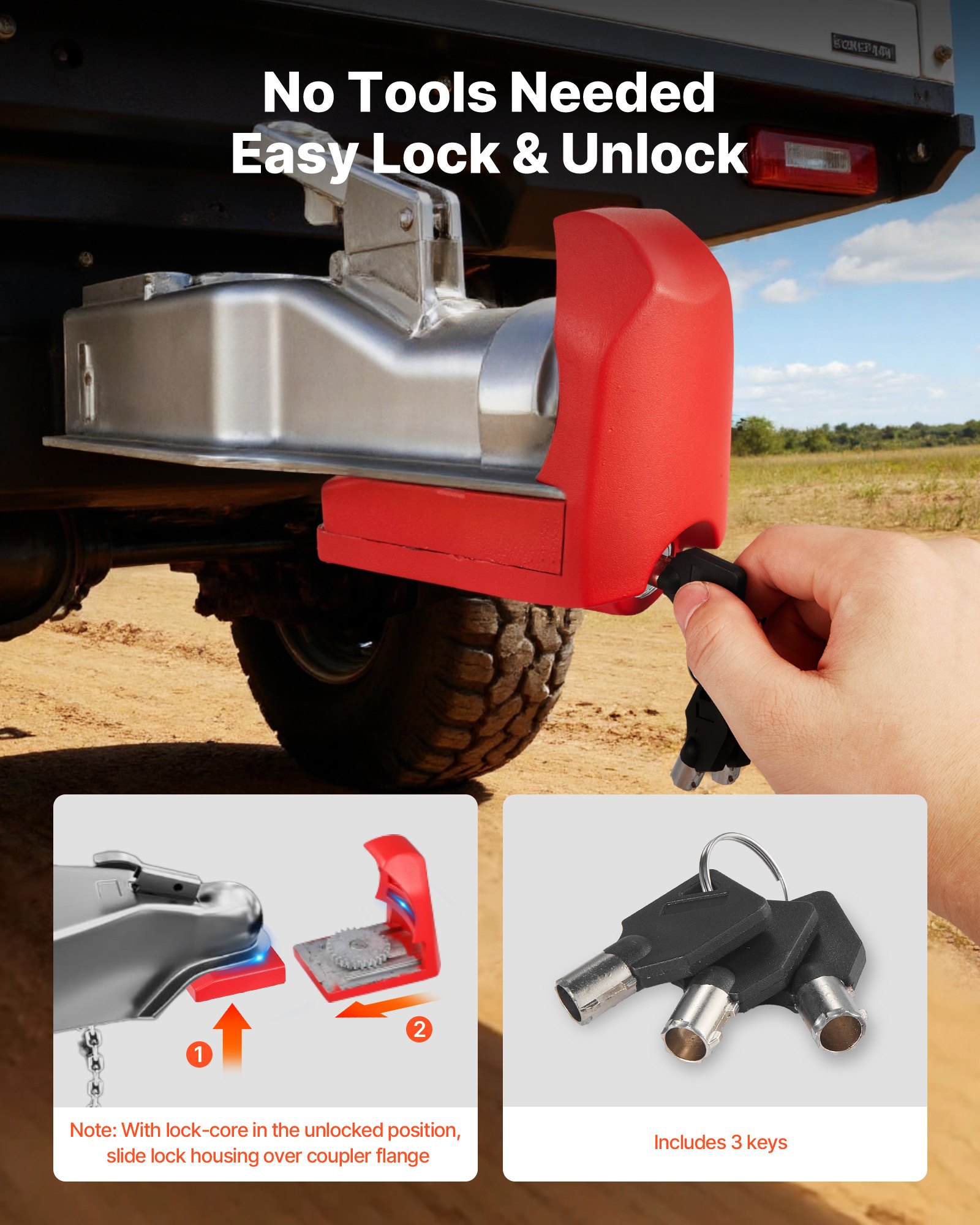 VEVOR Trailer Hitch Lock, Fits for 46 mm, 50.8 mm, 58.7 mm Couplers, Heavy-Duty Anti-Theft Trailer Ball Lock with 3 Keys, Prying-Resistant & Impact-Resistant, Fits for RVs, Boats, Trailers, Red