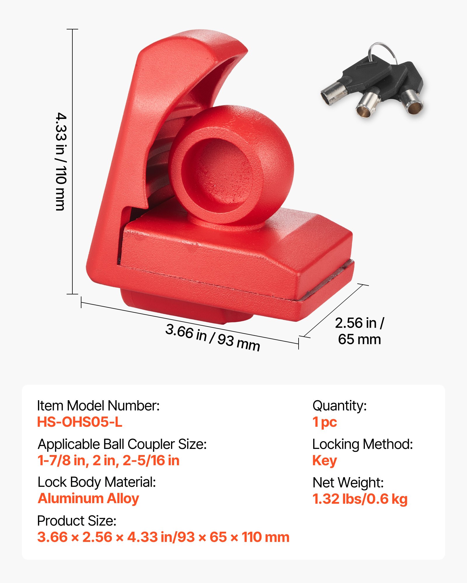 VEVOR Trailer Hitch Lock, Fits for 46 mm, 50.8 mm, 58.7 mm Couplers, Heavy-Duty Anti-Theft Trailer Ball Lock with 3 Keys, Prying-Resistant & Impact-Resistant, Fits for RVs, Boats, Trailers, Red