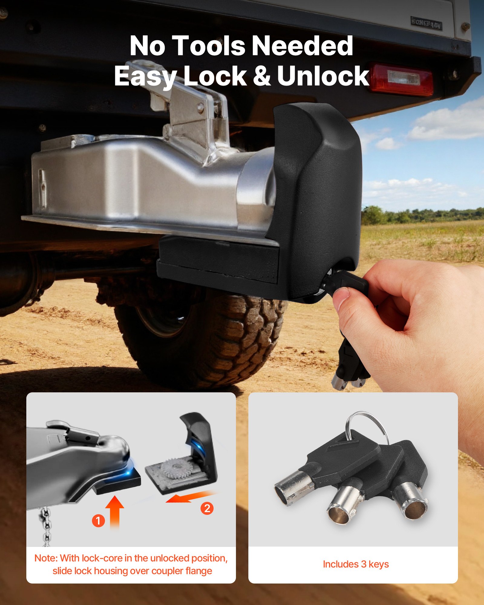 VEVOR Trailer Hitch Lock, Fits for 46 mm, 50.8 mm, 58.7 mm Couplers, Heavy-Duty Anti-Theft Trailer Ball Lock with 3 Keys, Prying-Resistant & Impact-Resistant, Fits for RVs, Boats, Trailers, Black