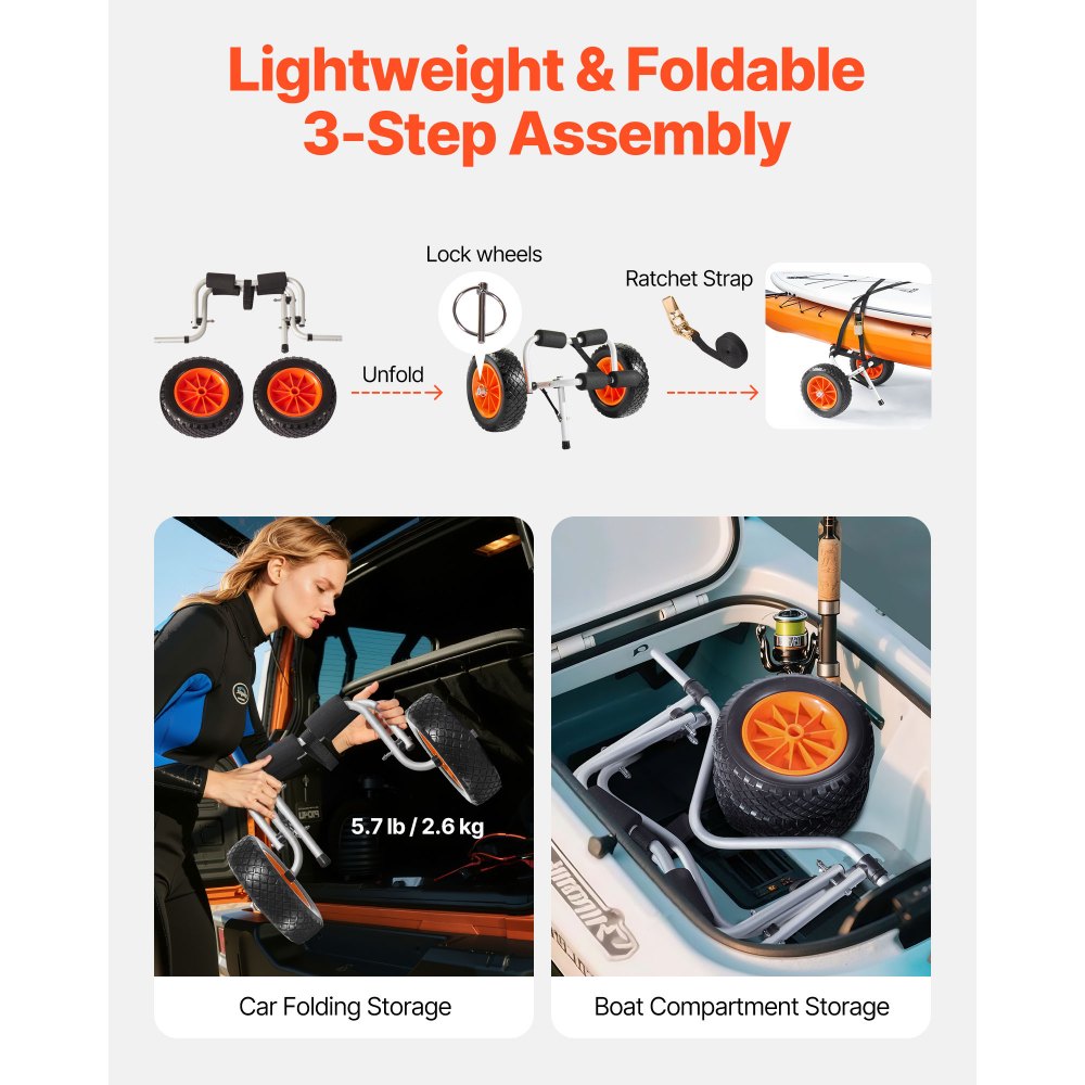 VEVOR Kayak Cart, 90 kg Load Capacity, Foldable Kayak Trolley with 25.4 cm Solid Rubber Tires & 1 Ratchet Strap, Paddle Board Trolley for Carrying Kayaks, Canoes, Paddleboards, Float Mats, Jon Boats