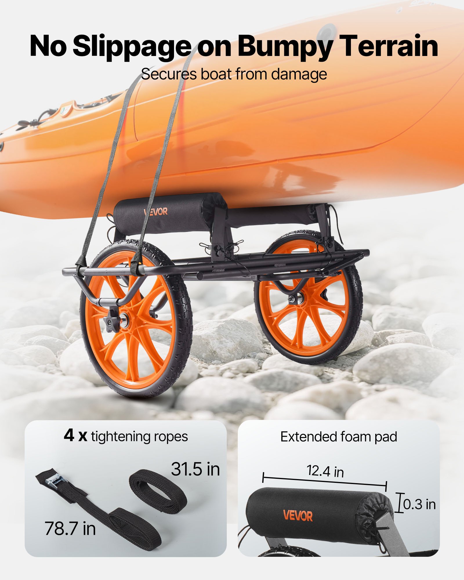 VEVOR Kayak Cart, 149.7 kg Load Capacity, Canoe Cart Dolly with 38.1 cm Solid Rubber Tires & Kickstand, Assembles & Disassembles Within Seconds, Paddle Board Trolley for Kayaks, Canoes, Paddleboards