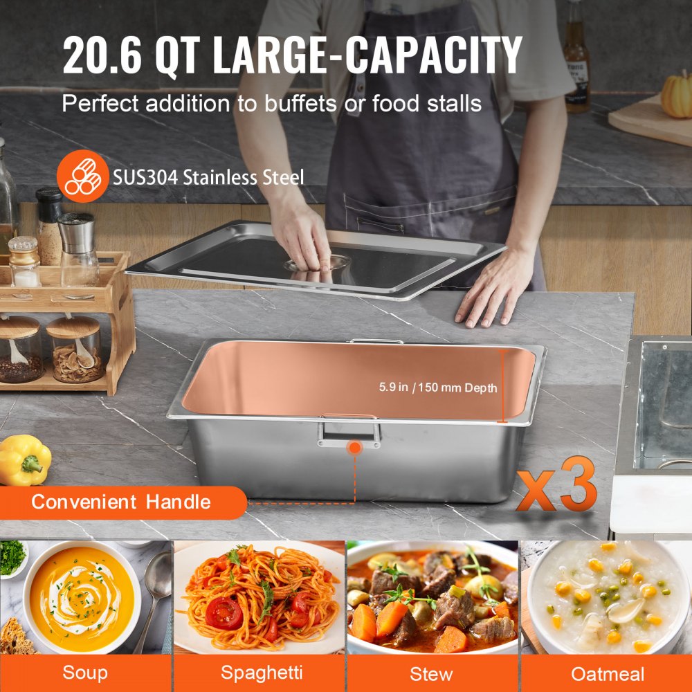 VEVOR 3-Pan Commercial Food Warmer, 3 x 20.6QT Electric Warm Table, 1500W Professional Buffet Catering Food Warmer with 4 Wheels (2 Lockable), Food Grade Stainless Steel Server for Party Restaurant
