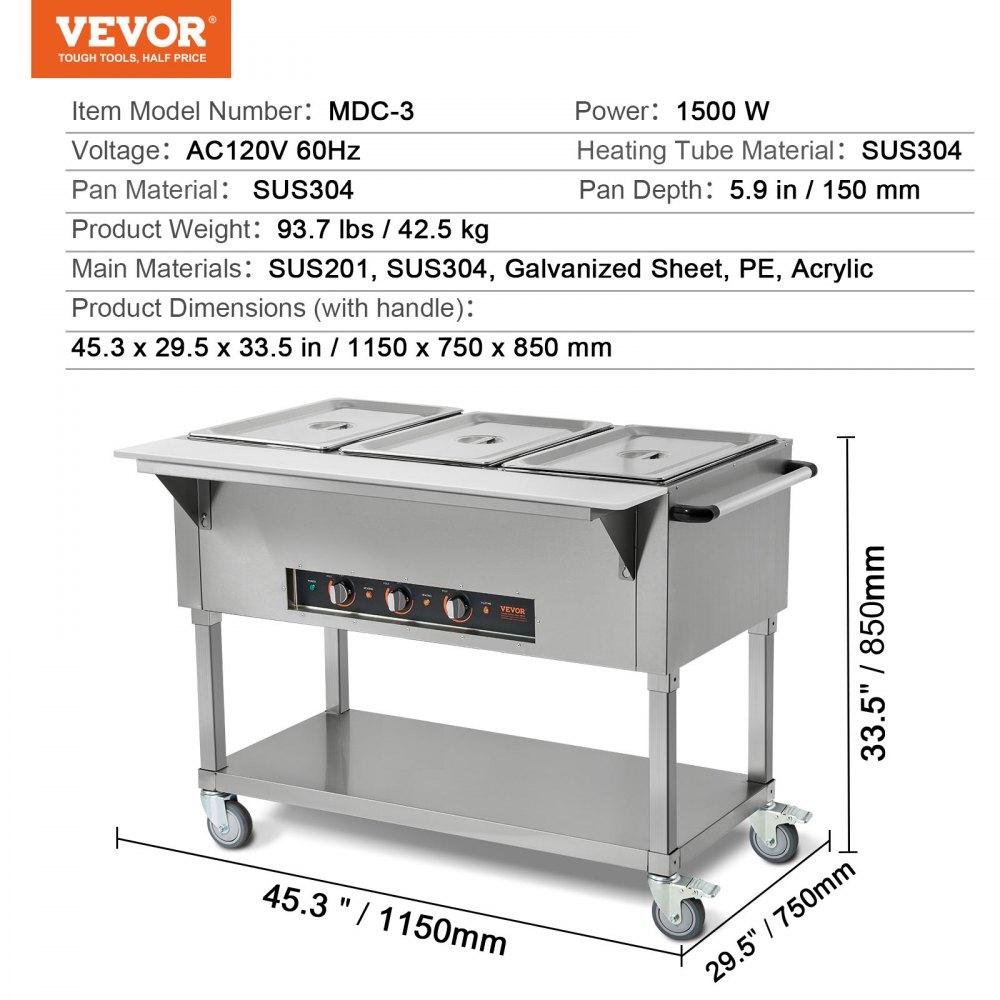 VEVOR 3-Pan Commercial Food Warmer, 3 x 20.6QT Electric Warm Table, 1500W Professional Buffet Catering Food Warmer with 4 Wheels (2 Lockable), Food Grade Stainless Steel Server for Party Restaurant
