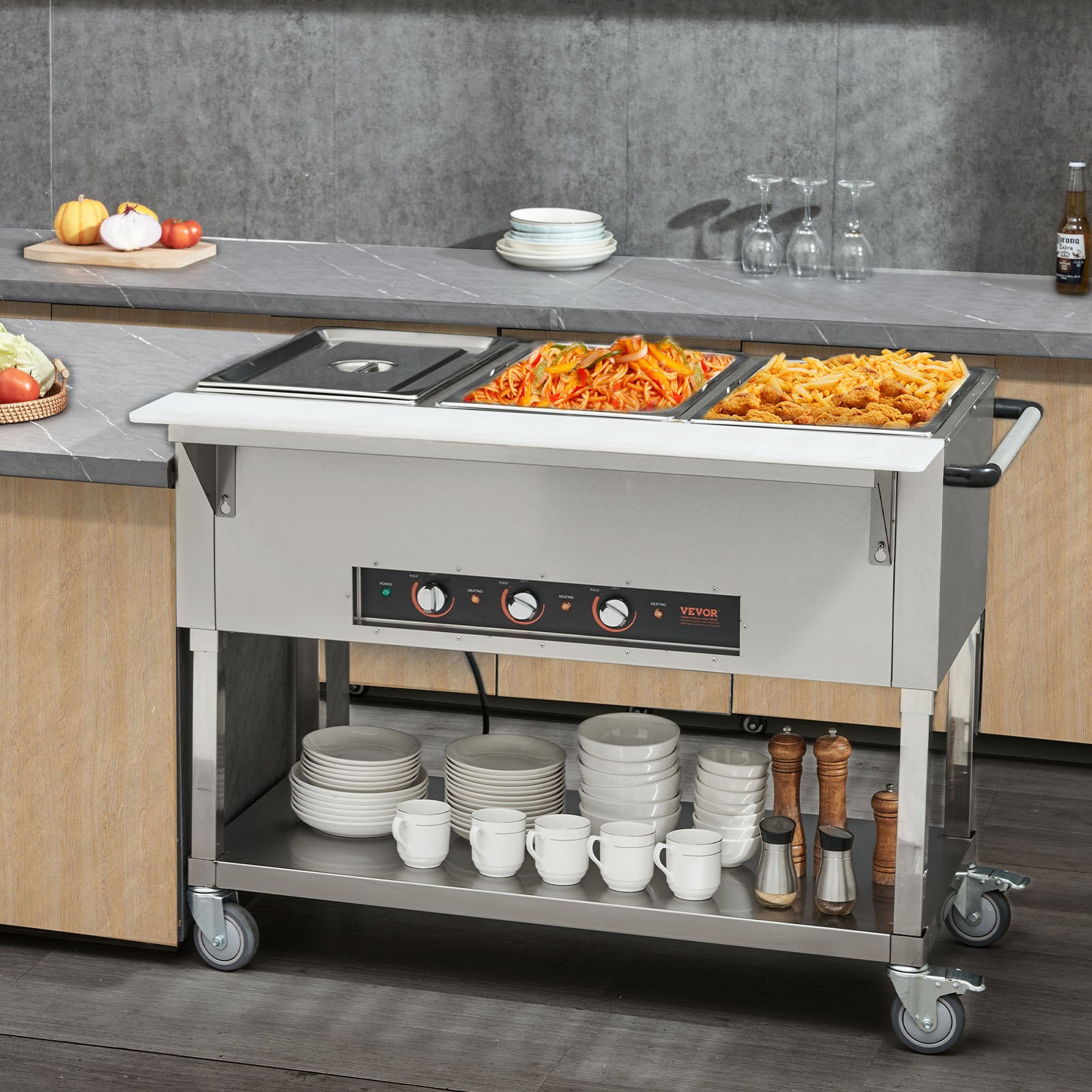 VEVOR 3-Pan Commercial Food Warmer, 3 x 20.6QT Electric Warm Table, 1500W Professional Buffet Catering Food Warmer with 4 Wheels (2 Lockable), Food Grade Stainless Steel Server for Party Restaurant