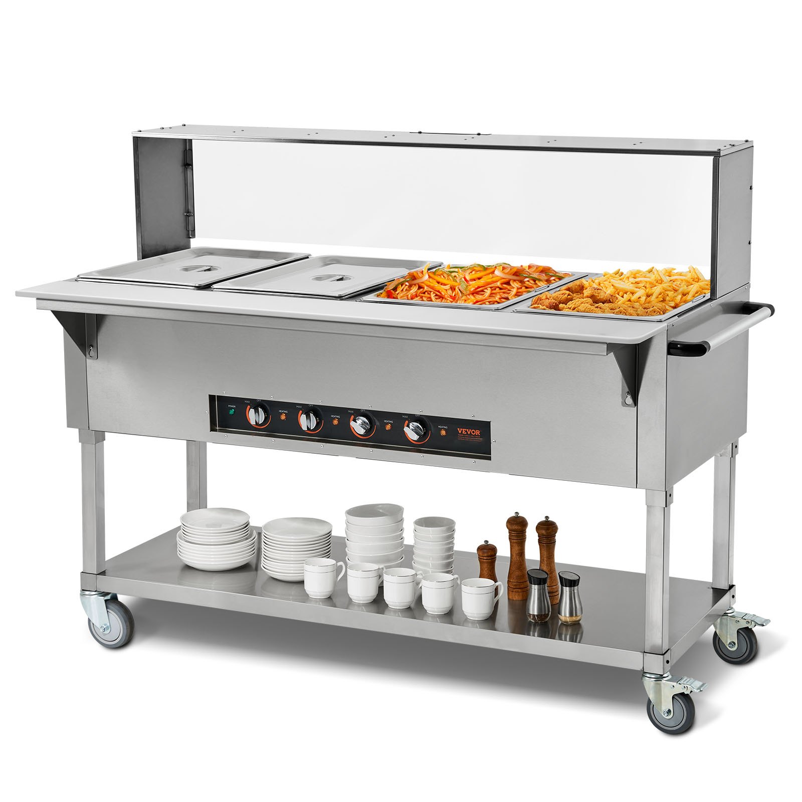 VEVOR 4-Pan Commercial Food Warmer, 4 x 20.6QT Electric Steam Table, 2000W Professional Buffet Catering Food Warmer with Acrylic Sneeze Guard, Food Grade Stainless Steel Server for Party Restaurant