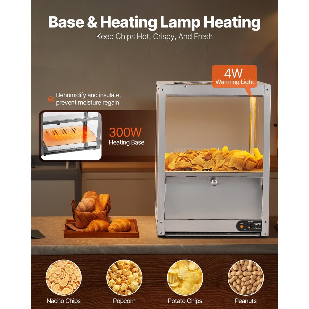 VEVOR Commercial Nacho Chip Warmer, 80L Chip Warmer Machine with Heating Base and Warming Light, Nacho Machine with Deflection Board, Stainless Steel, for Nacho Chips, Popcorn, Potato Chips, Peanut