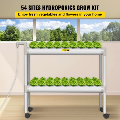 VEVOR Hydroponics Growing System, 54 Sites 6 Food-Grade PVC-U Pipes, 2 Layers Indoor Planting Kit with Water Pump, Timer, Nest Basket, Sponge for Fruits, Vegetables, Herb, White