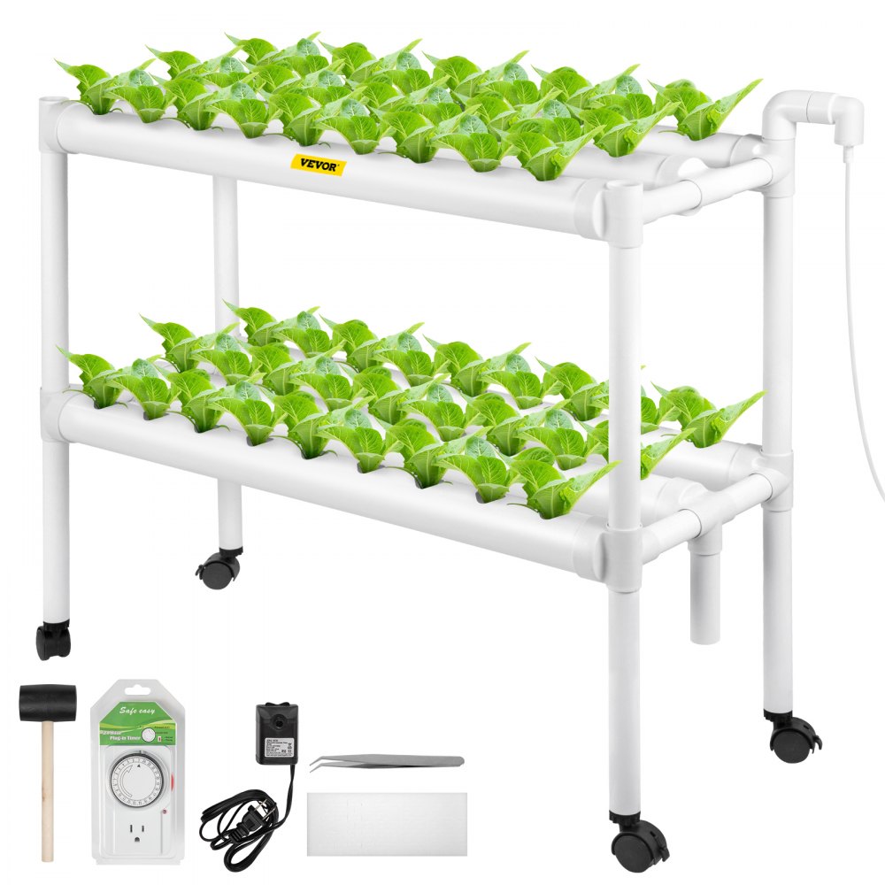 VEVOR Hydroponics Growing System, 54 Sites 6 Food-Grade PVC-U Pipes, 2 Layers Indoor Planting Kit with Water Pump, Timer, Nest Basket, Sponge for Fruits, Vegetables, Herb, White