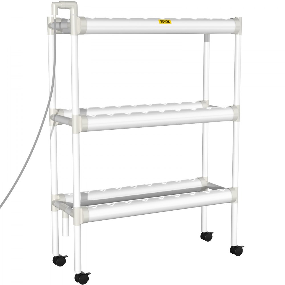 VEVOR Hydroponics Growing System, 54 Sites 6 Food-Grade PVC-U Pipes, 3 Layers Indoor Planting Kit with Water Pump, Timer, Nest Basket, Sponge for Fruits, Vegetables, Herb, White