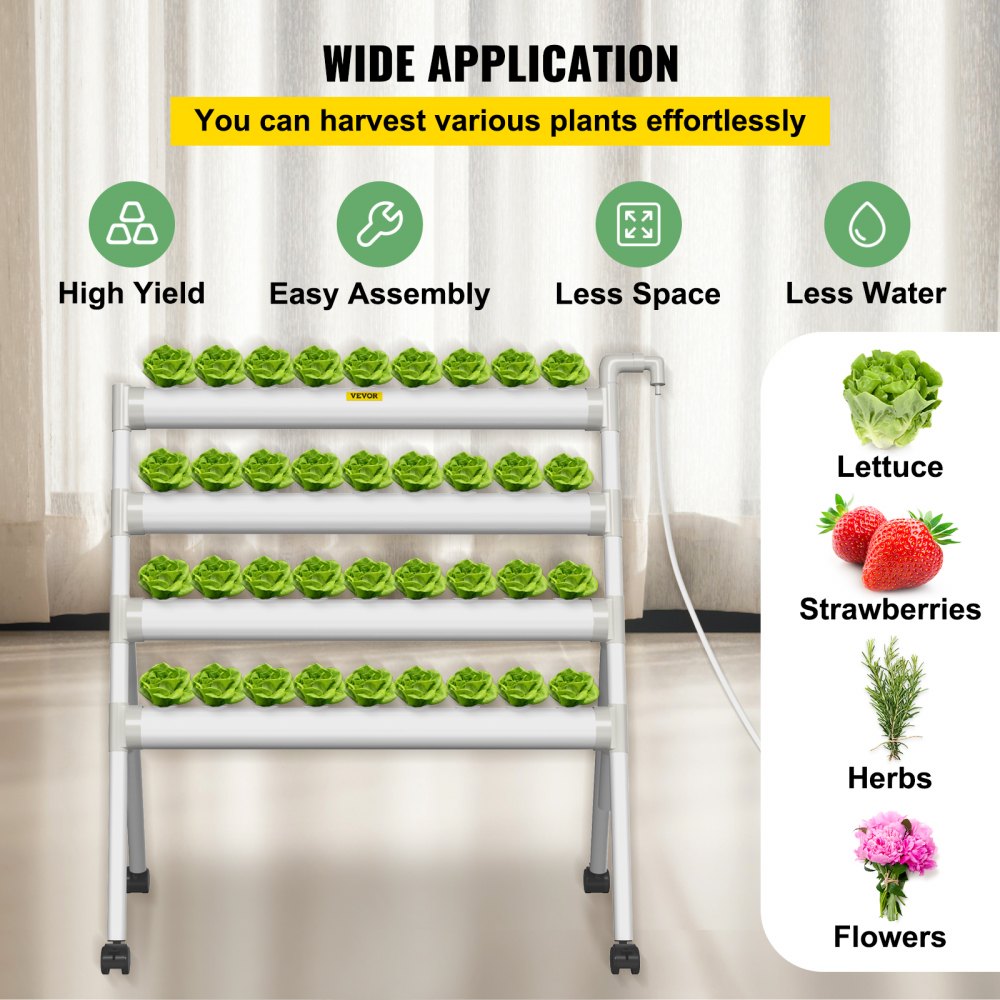 VEVOR Hydroponics Growing System, 36 Sites 4 Food-Grade PVC-U Pipes, 4 Layers Indoor Planting Kit with Water Pump, Timer, Nest Basket, Sponge for Fruits, Vegetables, Herb, White