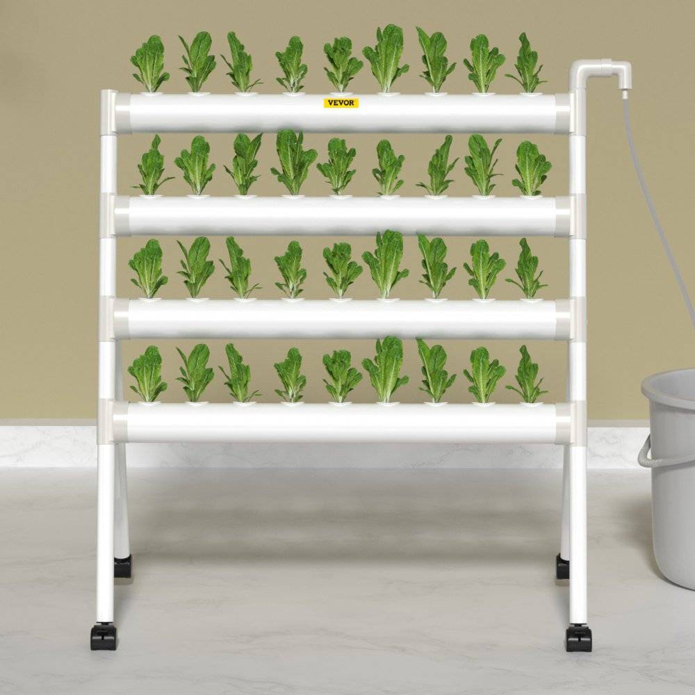 VEVOR Hydroponics Growing System, 36 Sites 4 Food-Grade PVC-U Pipes, 4 Layers Indoor Planting Kit with Water Pump, Timer, Nest Basket, Sponge for Fruits, Vegetables, Herb, White