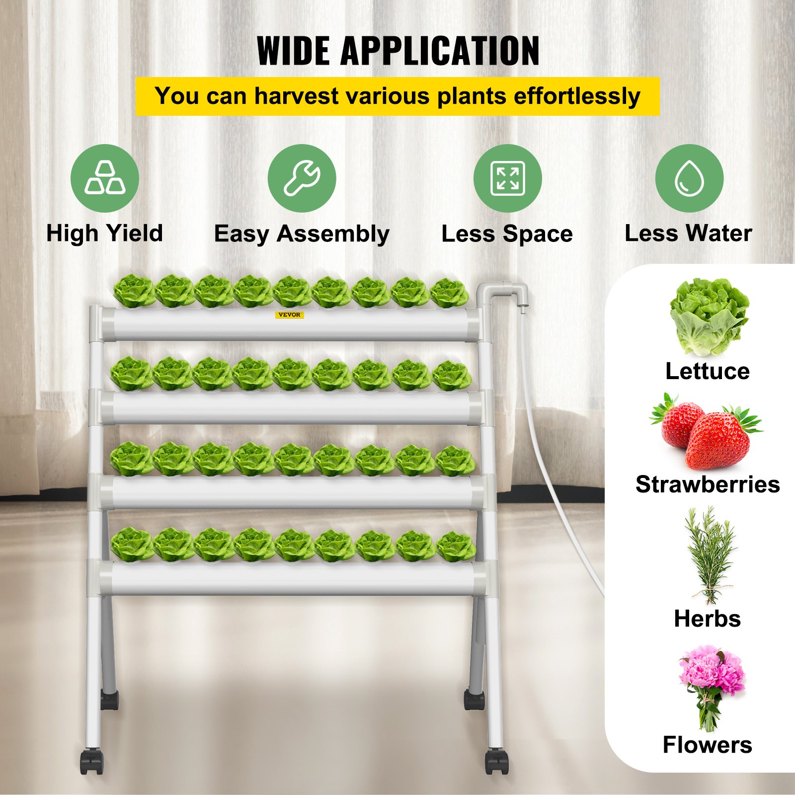 VEVOR Hydroponics Growing System, 36 Sites 4 Food-Grade PVC-U Pipes, 4 Layers Indoor Planting Kit with Water Pump, Timer, Nest Basket, Sponge for Fruits, Vegetables, Herb, White