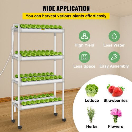 VEVOR Hydroponics Growing System, 72 Sites 4 Layers, 8 Food-Grade PVC-U Pipes, Vertical Indoor Plant Grow Kit with Water Pump, Timer, Nest Basket, Sponge for Fruits, Vegetables, Herb, White
