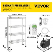 VEVOR Hydroponics Growing System, 72 Sites 4 Layers, 8 Food-Grade PVC-U Pipes, Vertical Indoor Plant Grow Kit with Water Pump, Timer, Nest Basket, Sponge for Fruits, Vegetables, Herb, White