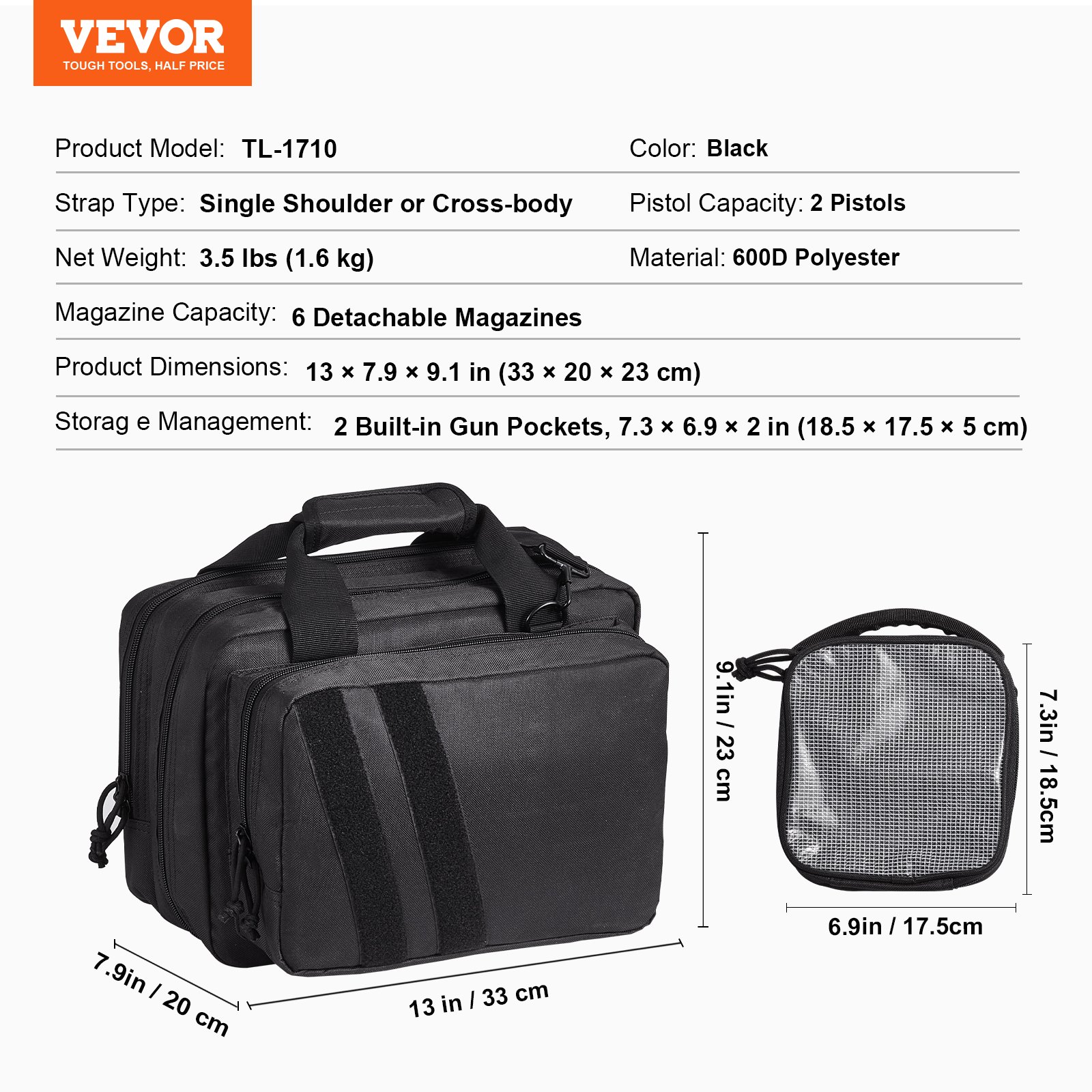 VEVOR Range Bag for 2 Pistols, Tactical Gun Bag with 2 Built-in Removable Pistol Bags & 6 Detachable Magazines, Gun Range Bag for Outdoor Hunting Shooting, Lockable Carrying Handgun Bag Case, Black