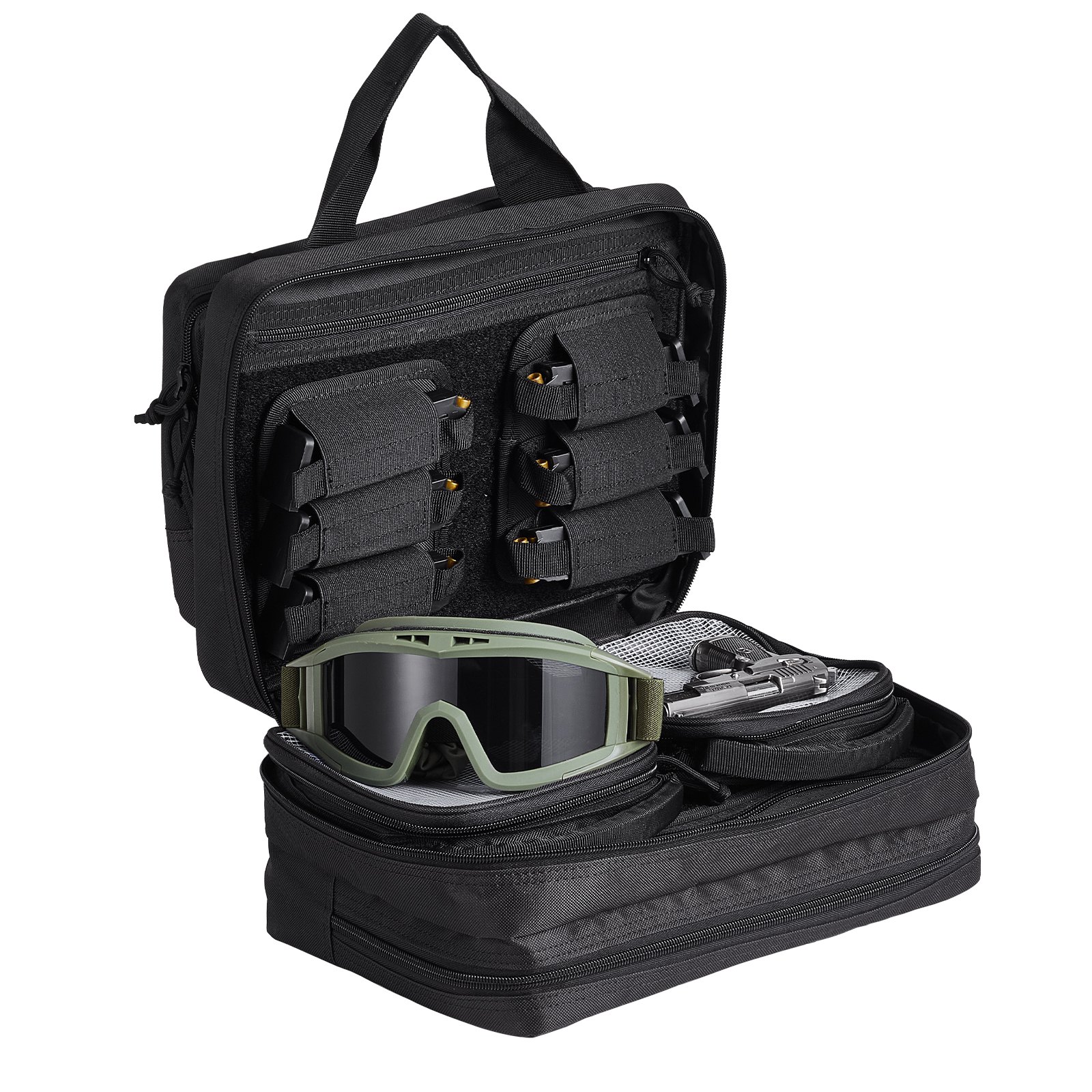 VEVOR Range Bag for 2 Pistols, Tactical Gun Bag with 2 Built-in Removable Pistol Bags & 6 Detachable Magazines, Gun Range Bag for Outdoor Hunting Shooting, Lockable Carrying Handgun Bag Case, Black