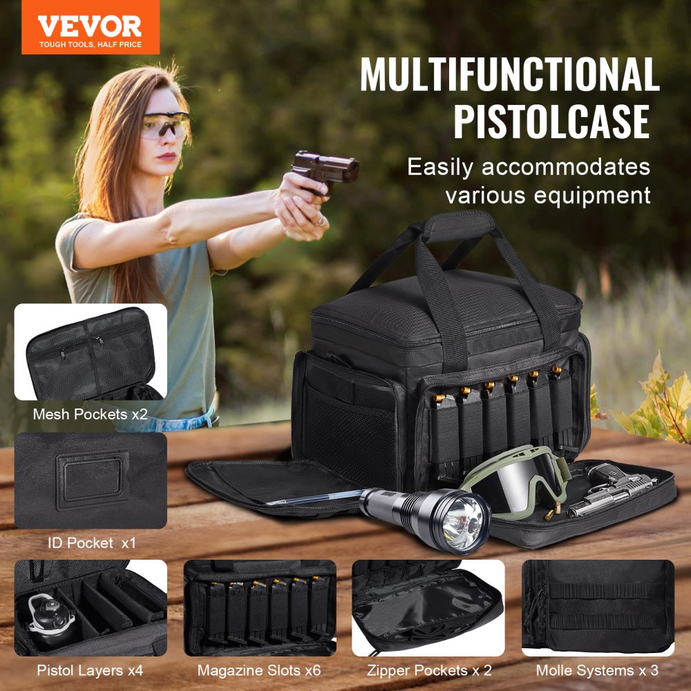 VEVOR Range Bag for 4 Pistols, Tactical Gun Range Bag with 3 Detachable Baffles & 6 Magazines, Firearm Shooting Handgun Bag for Outdoor Hunting Shooting Pistol Bag with Single Shoulder Strip, Black