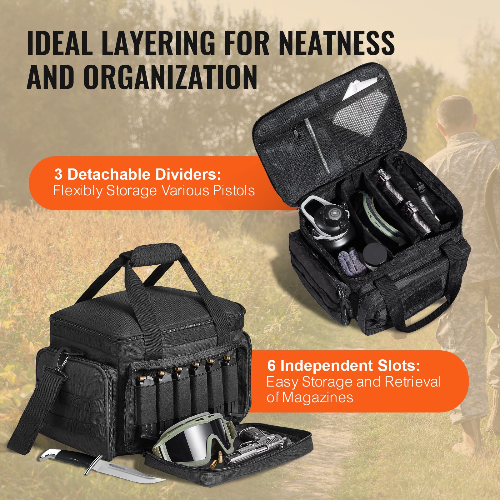 VEVOR Range Bag for 4 Pistols, Tactical Gun Range Bag with 3 Detachable Baffles & 6 Magazines, Firearm Shooting Handgun Bag for Outdoor Hunting Shooting Pistol Bag with Single Shoulder Strip, Black