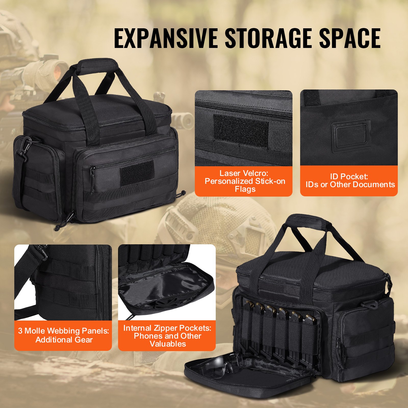VEVOR Range Bag for 4 Pistols, Tactical Gun Range Bag with 3 Detachable Baffles & 6 Magazines, Firearm Shooting Handgun Bag for Outdoor Hunting Shooting Pistol Bag with Single Shoulder Strip, Black