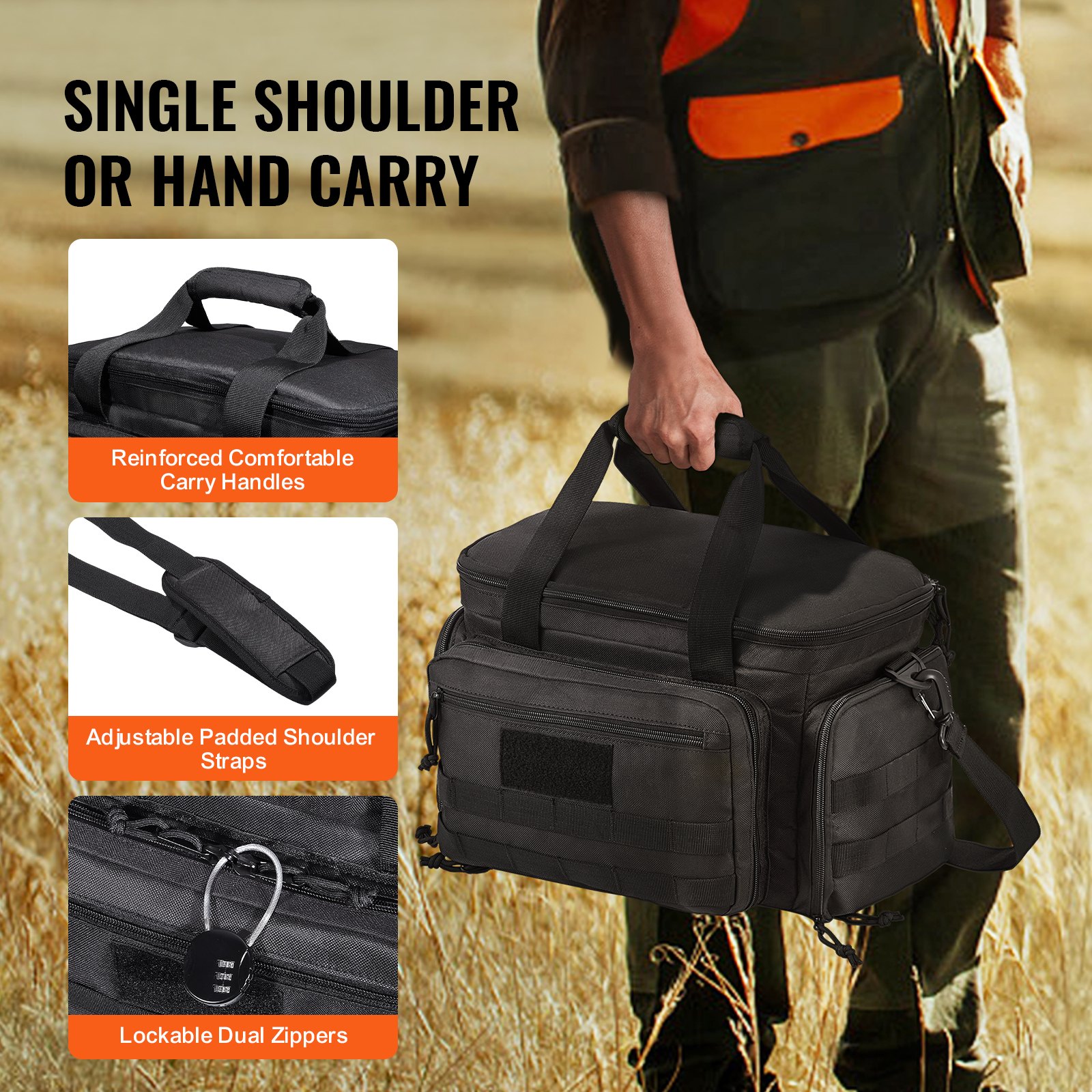 VEVOR Range Bag for 4 Pistols, Tactical Gun Range Bag with 3 Detachable Baffles & 6 Magazines, Firearm Shooting Handgun Bag for Outdoor Hunting Shooting Pistol Bag with Single Shoulder Strip, Black