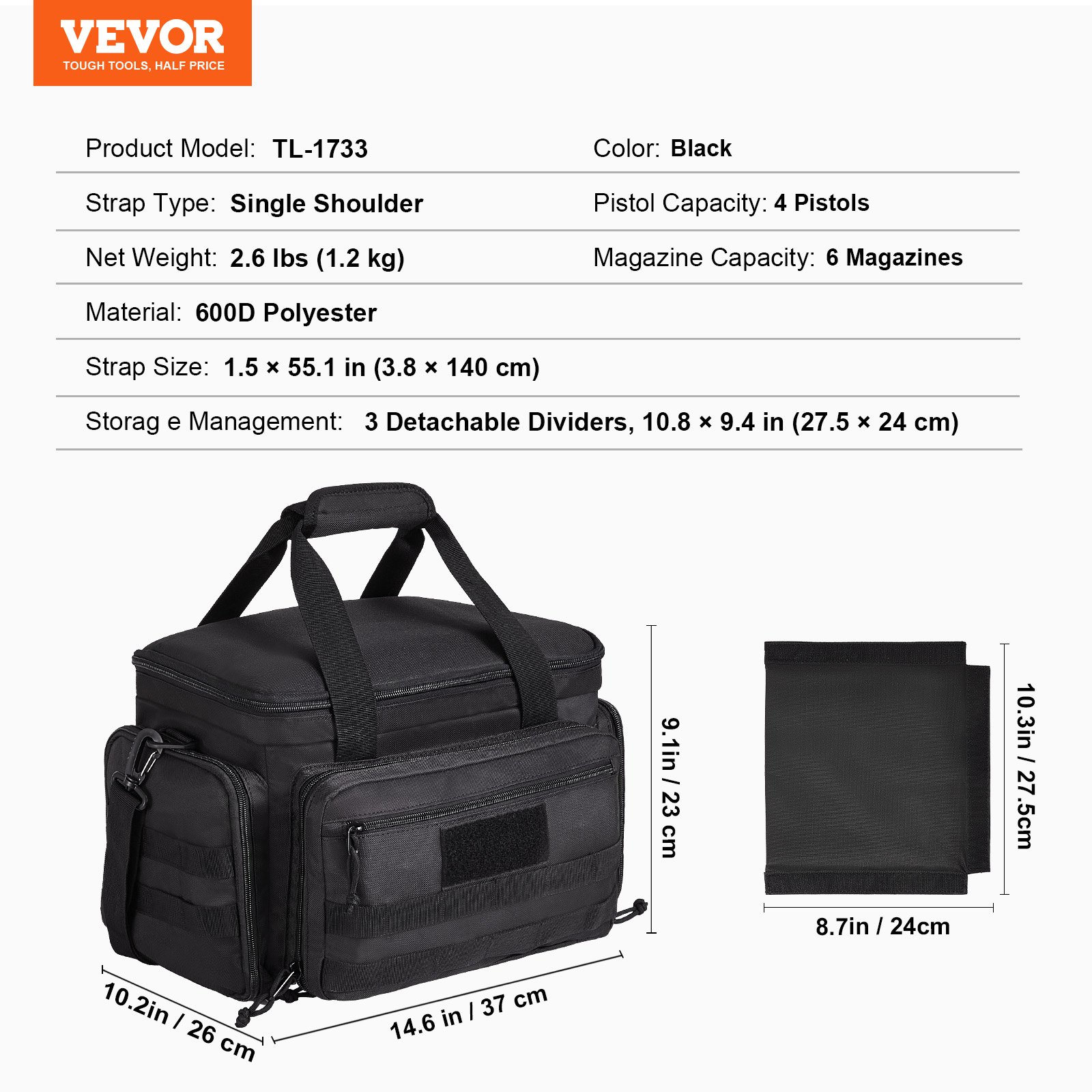 VEVOR Range Bag for 4 Pistols, Tactical Gun Range Bag with 3 Detachable Baffles & 6 Magazines, Firearm Shooting Handgun Bag for Outdoor Hunting Shooting Pistol Bag with Single Shoulder Strip, Black