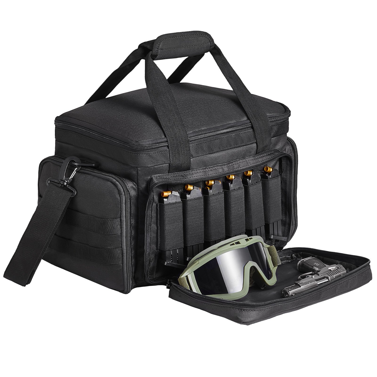 VEVOR Range Bag for 4 Pistols, Tactical Gun Range Bag with 3 Detachable Baffles & 6 Magazines, Firearm Shooting Handgun Bag for Outdoor Hunting Shooting Pistol Bag with Single Shoulder Strip, Black