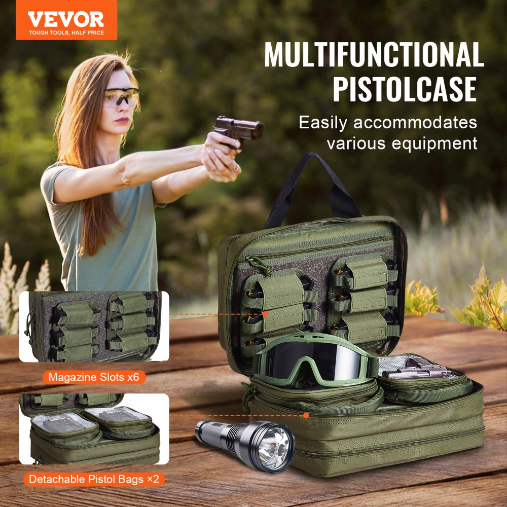 VEVOR Range Bag for 2 Pistols, Tactical Gun Bag with 2 Built-in Removable Pistol Bags & 6 Detachable Magazines, Gun Range Bag for Outdoor Hunting Shooting, Lockable Carrying Handgun Bag Case, Green