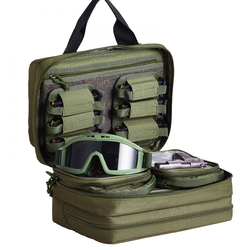 VEVOR Range Bag for 2 Pistols, Tactical Gun Bag with 2 Built-in Removable Pistol Bags & 6 Detachable Magazines, Gun Range Bag for Outdoor Hunting Shooting, Lockable Carrying Handgun Bag Case, Green