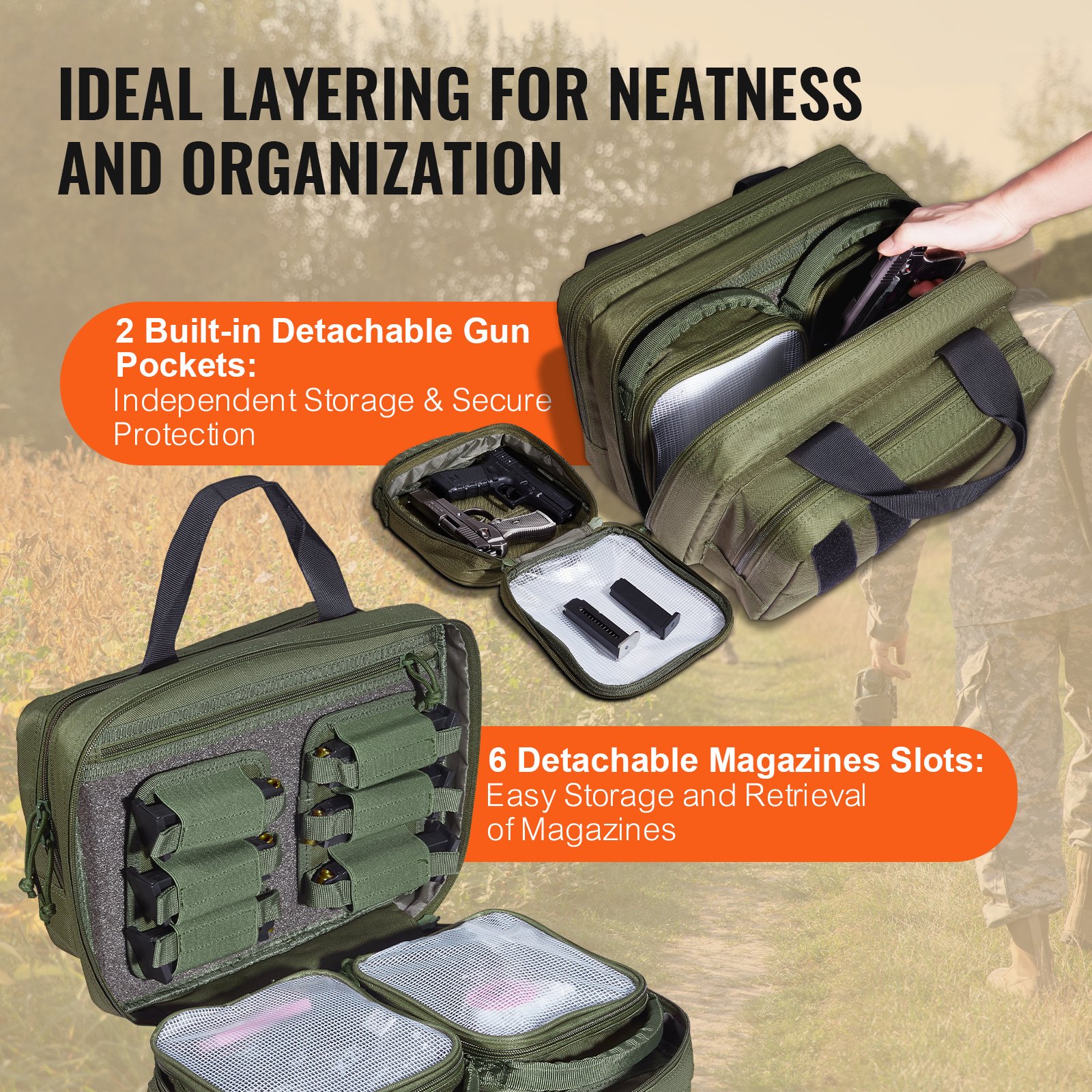 VEVOR Range Bag for 2 Pistols, Tactical Gun Bag with 2 Built-in Removable Pistol Bags & 6 Detachable Magazines, Gun Range Bag for Outdoor Hunting Shooting, Lockable Carrying Handgun Bag Case, Green