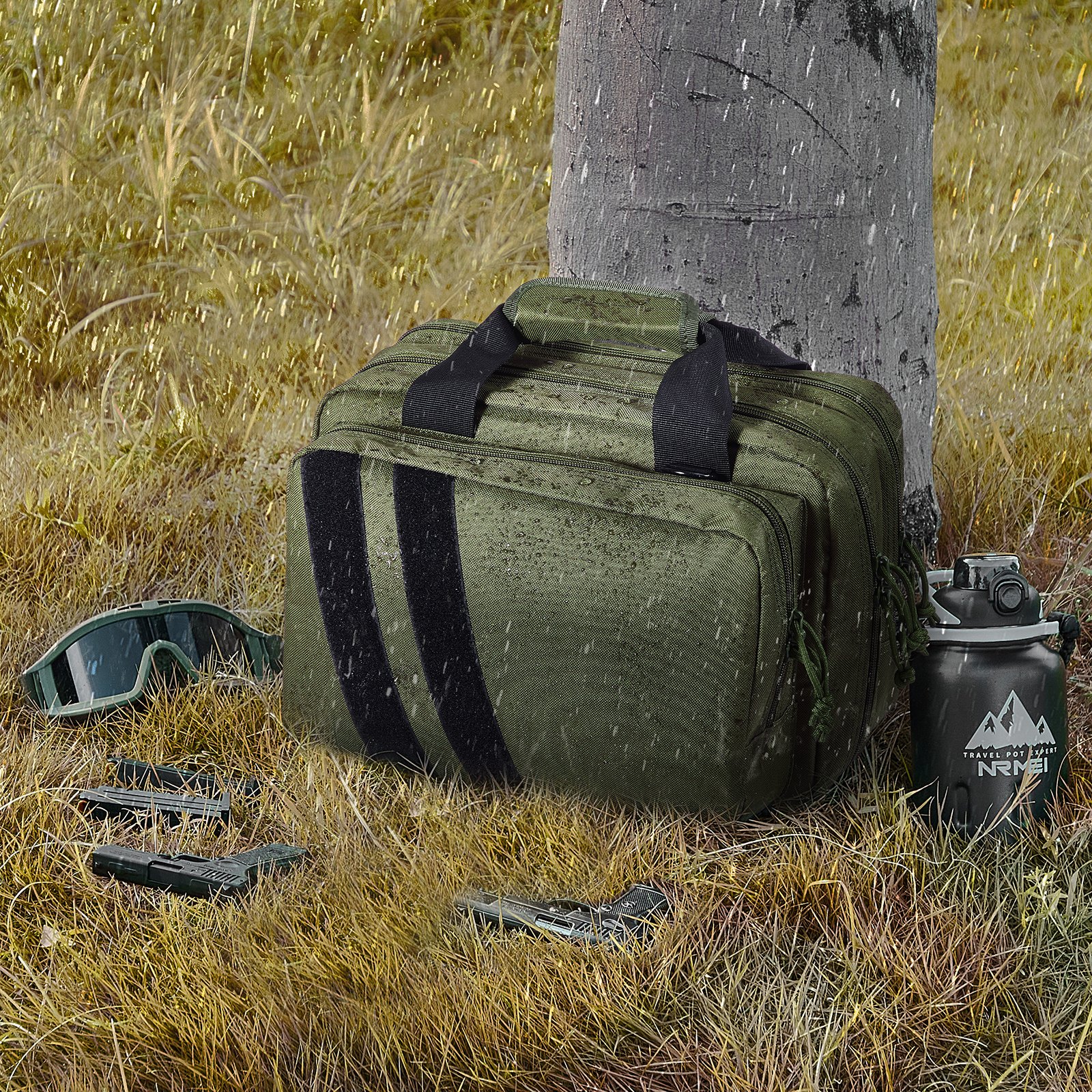 VEVOR Range Bag for 2 Pistols, Tactical Gun Bag with 2 Built-in Removable Pistol Bags & 6 Detachable Magazines, Gun Range Bag for Outdoor Hunting Shooting, Lockable Carrying Handgun Bag Case, Green
