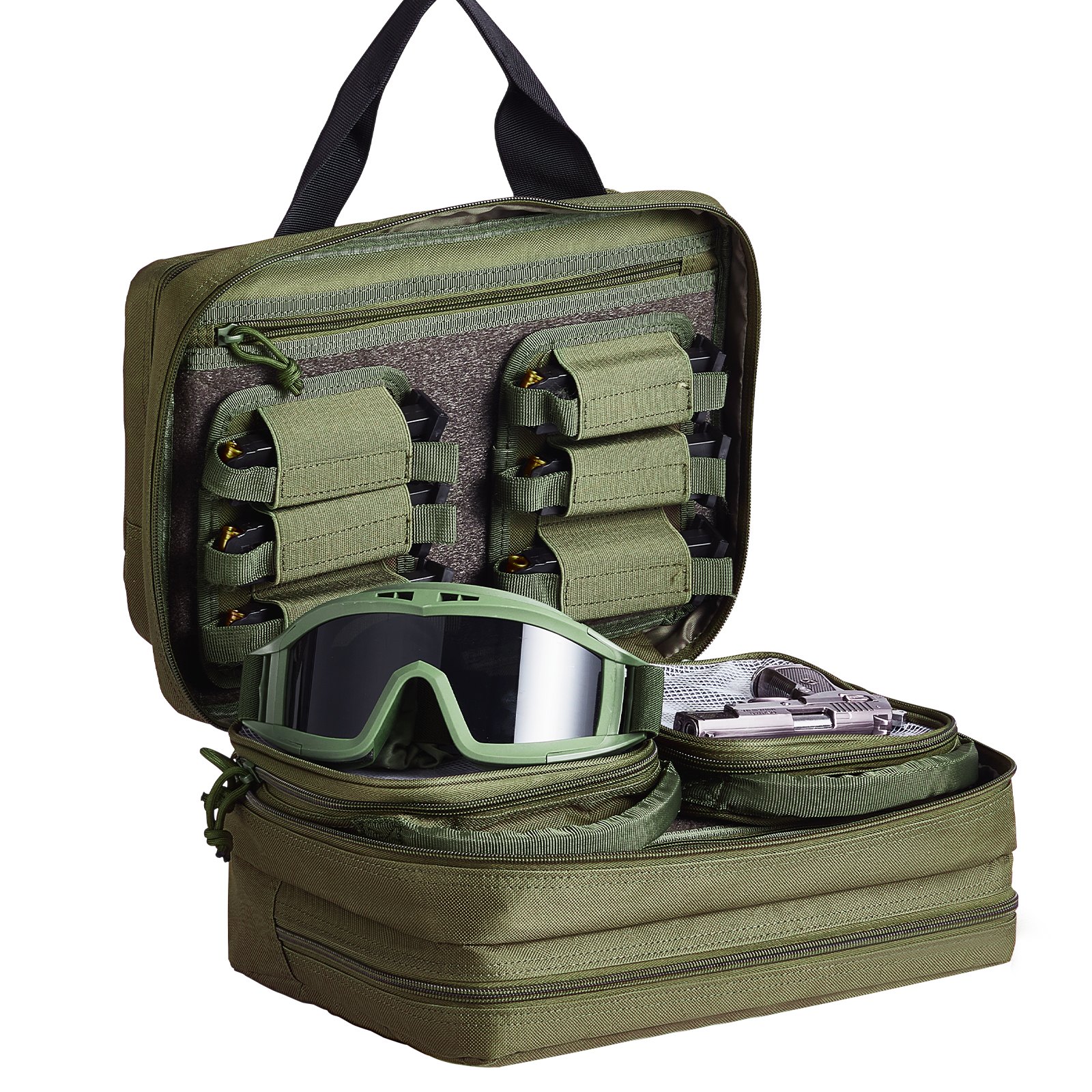 VEVOR Range Bag for 2 Pistols, Tactical Gun Bag with 2 Built-in Removable Pistol Bags & 6 Detachable Magazines, Gun Range Bag for Outdoor Hunting Shooting, Lockable Carrying Handgun Bag Case, Green