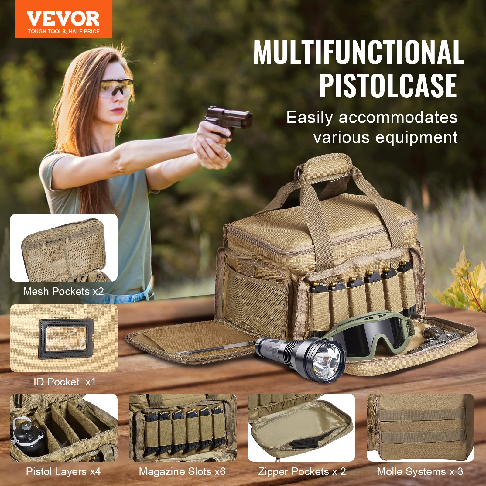 VEVOR Range Bag for 4 Pistols, Tactical Gun Range Bag with 3 Detachable Baffles & 6 Magazines, Firearm Shooting Handgun Bag for Outdoor Hunting Shooting Pistol Bag with Single Shoulder Strip, Brown