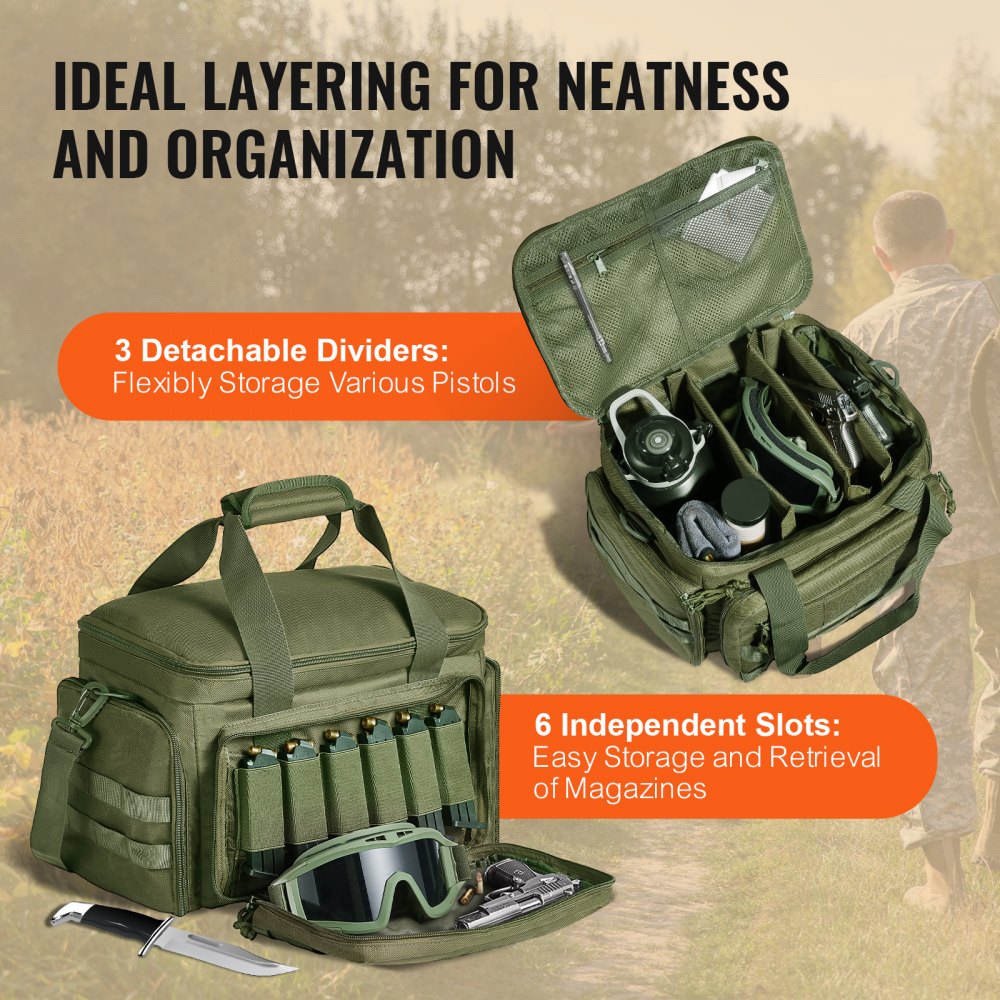 VEVOR Range Bag for 4 Pistols, Tactical Gun Range Bag with 3 Detachable Baffles & 6 Magazines, Firearm Shooting Handgun Bag for Outdoor Hunting Shooting Pistol Bag with Single Shoulder Strip, Green