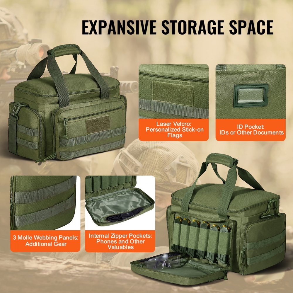 VEVOR Range Bag for 4 Pistols, Tactical Gun Range Bag with 3 Detachable Baffles & 6 Magazines, Firearm Shooting Handgun Bag for Outdoor Hunting Shooting Pistol Bag with Single Shoulder Strip, Green