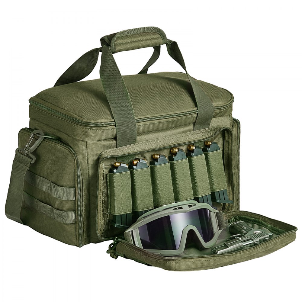 VEVOR Range Bag for 4 Pistols, Tactical Gun Range Bag with 3 Detachable Baffles & 6 Magazines, Firearm Shooting Handgun Bag for Outdoor Hunting Shooting Pistol Bag with Single Shoulder Strip, Green